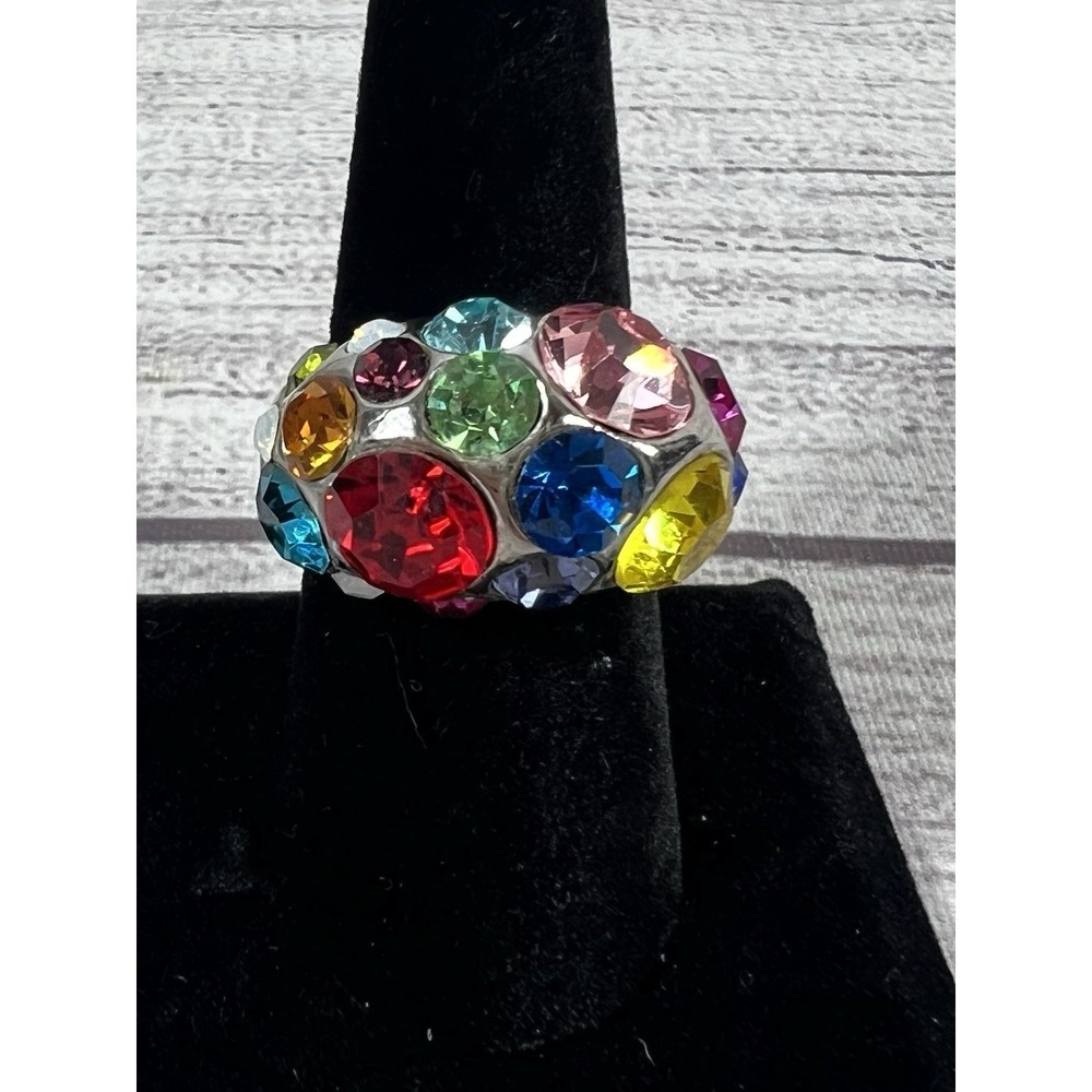 Y2K Style Multicolor Rhinestone Dome Ring Silver Tone Size 8